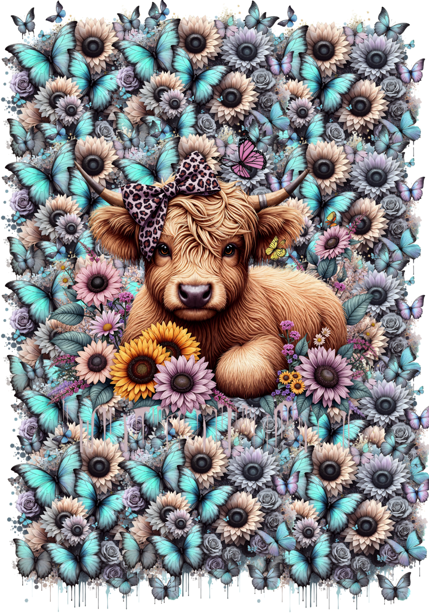 Highland Cow and sunflowers