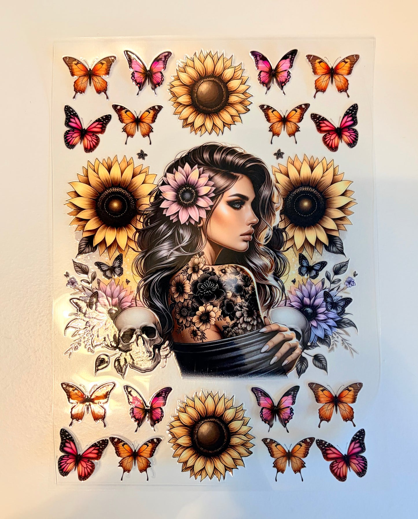 sunflowers, Skulls, Dark hair girl