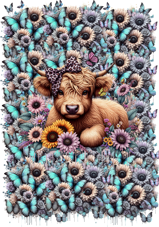 Highland Cow and sunflowers