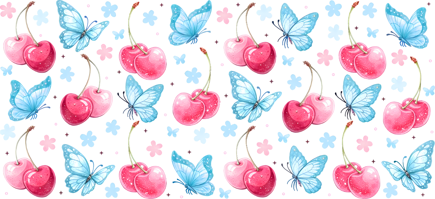 Bue butterflies and cherries
