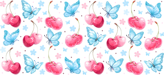 Bue butterflies and cherries
