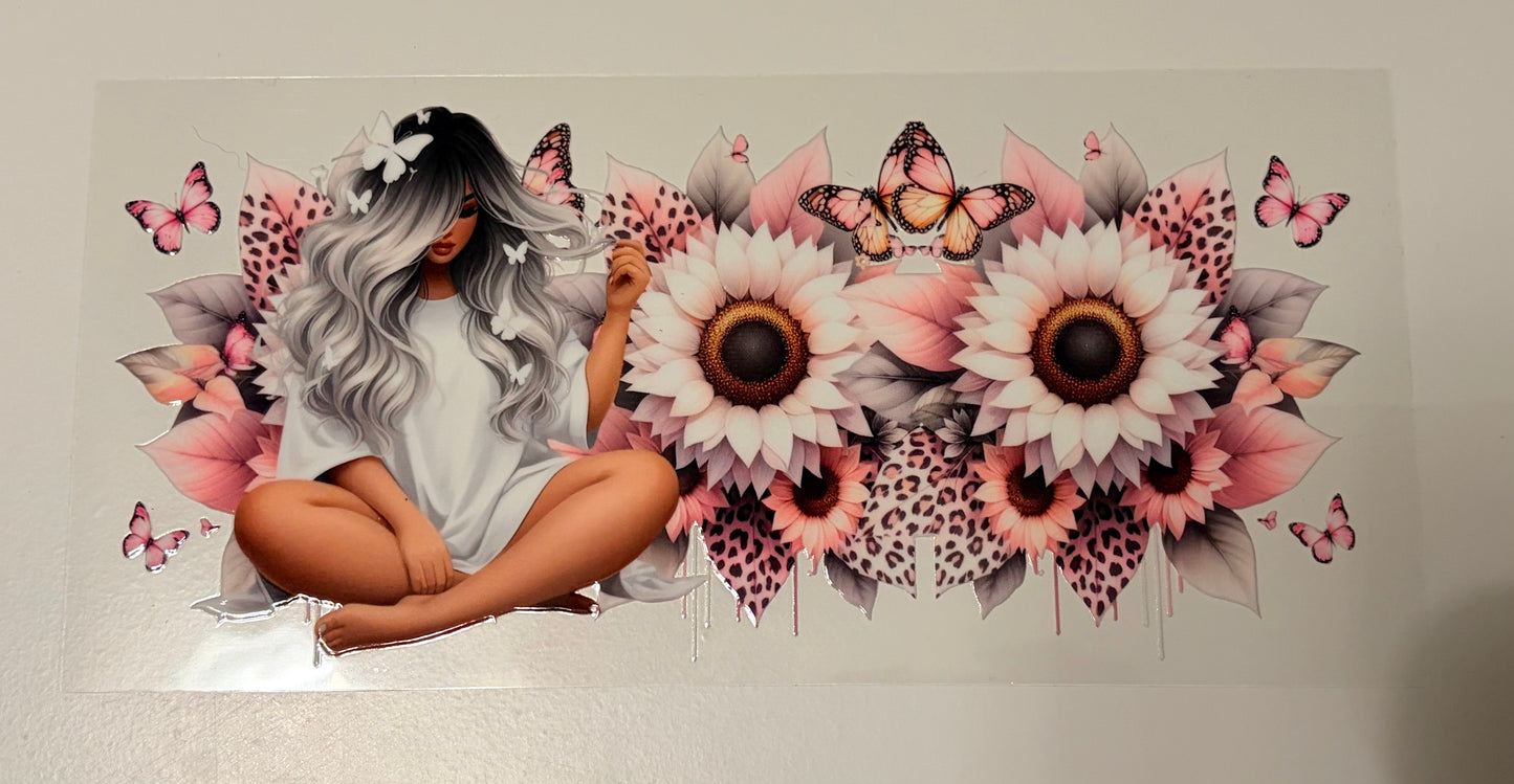 Woman with pink and gray flowers