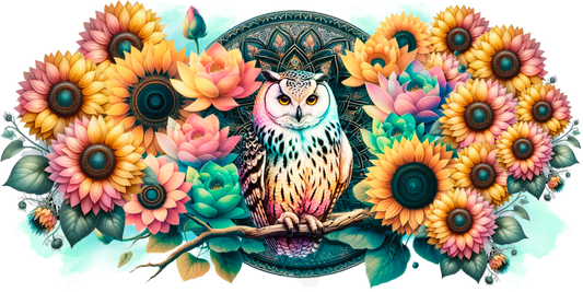 Owl and sunflowers